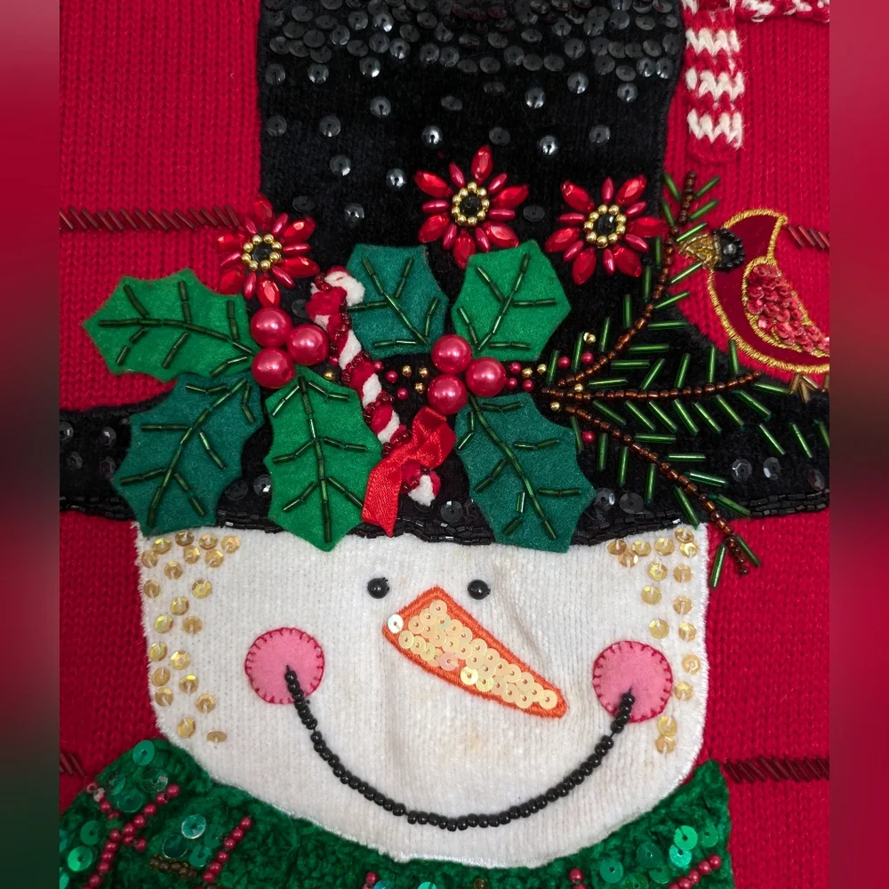 Vintage Berek Womens Red Christmas Sweater M Snowman Beaded Sequin Statement M - Picture 4 of 11